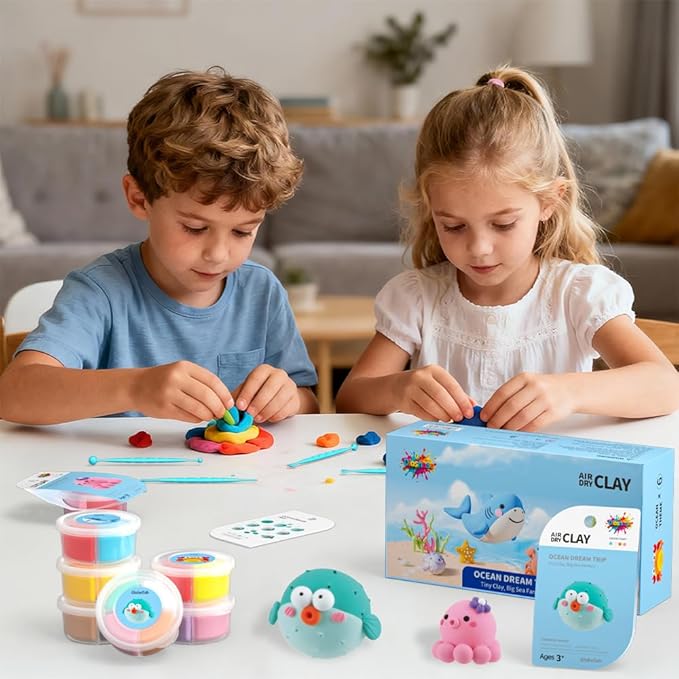 Air Dry Clay for Kids - 6 Ocean Themed Modeling Clay Kit, Model Magic Clay with Sculpting Tools and Tutorials, Ultra Light & Soft, Non-Toxic & Safe, DIY Arts and Crafts School Projects for Kids