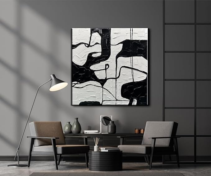 YaSheng Art - Black and White Canvas Wall Art, Hand-Painted 3D Thick Texture Minimalism Abstract Artwork, Oil Painting for Living Room and Office, Ready to Hang, 30x30 Inch