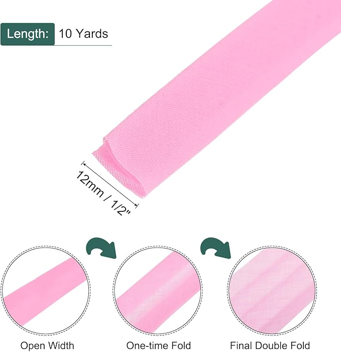MECCANIXITY 1/2 Inch Double Fold Bias Tape Polyester Continuous Bulk Bias Tape for Sewing,Seaming Quilting Hemming Binding Crafts (Pink 10 Yards)