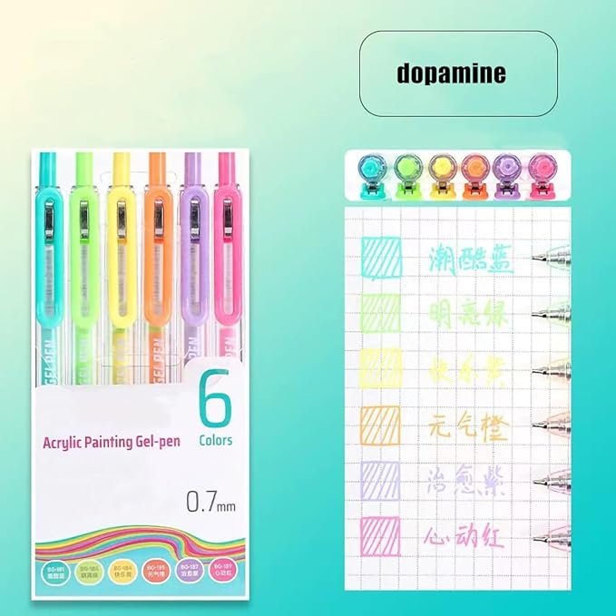 6 Colors Acrylic Gel Pens for Coloring, 0.7mm Fine Tip for Adult Coloring, Black Paper, Drawing, Journaling, Note Taking, Dopamine