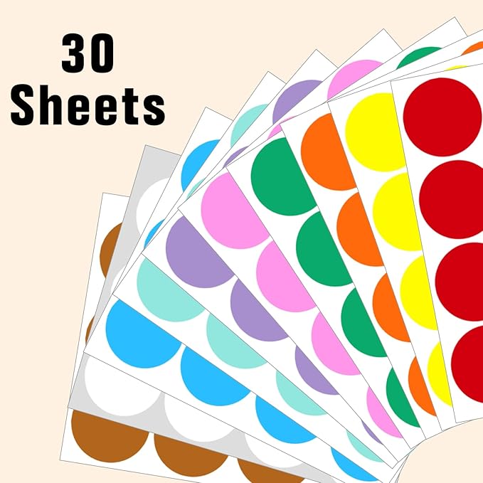 2" Round Large Colored Removable Stickers Labels - 10 Colors,Pack of 360