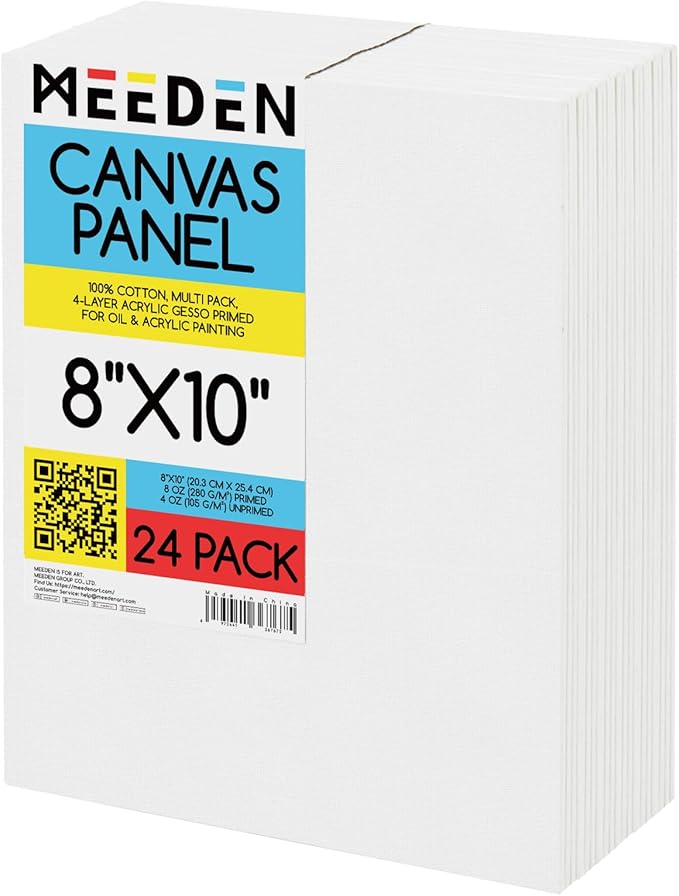 MEEDEN 24-Pack 100% Cotton Canvas Boards for Painting - 8x10'' Blank Canvas Panels for Oil & Acrylic Painting, Ready to Paint Art Supplies for Professional Artists, Students