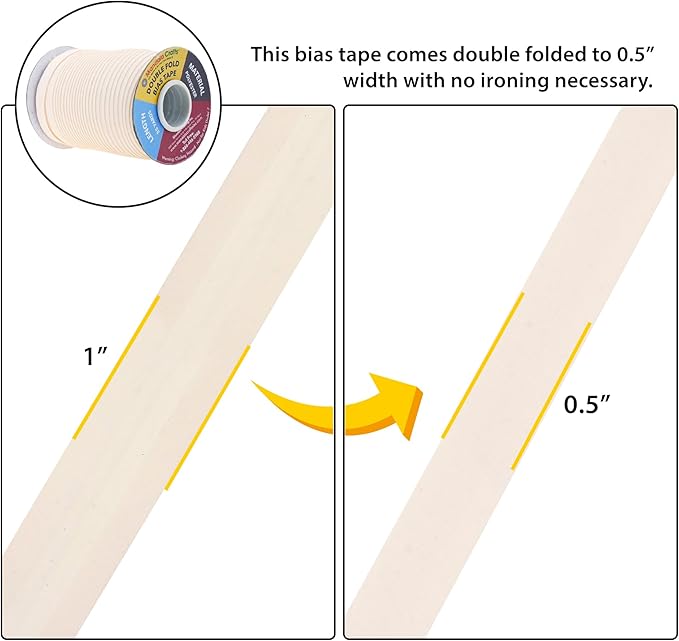 Mandala Crafts 55 Yards 1/2 Inch Cream Double Fold Bias Tape for Sewing - Bias Binding Tape for Quilting Binding, Hemming, Seam, and Fabric Piping