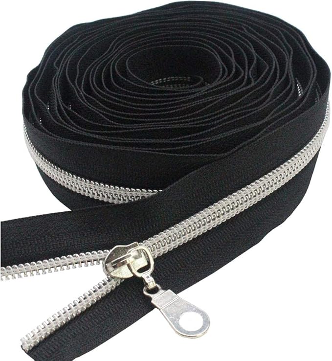MebuZip #5 Silver Metallic Nylon Coil Zippers by The Yard Bulk Coil Zipper Roll 10 Yards with 25pcs Pulls for DIY Sewing Craft Bags (Black)