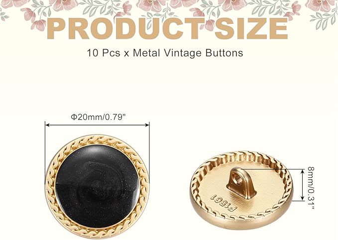 MECCANIXITY Metal Vintage Gold Button 20mm Round Metal Sewing Button Alloy Shank Replacement for Women's Suit Woolen Coat Shirt Dress Sewing Black Pack of 10