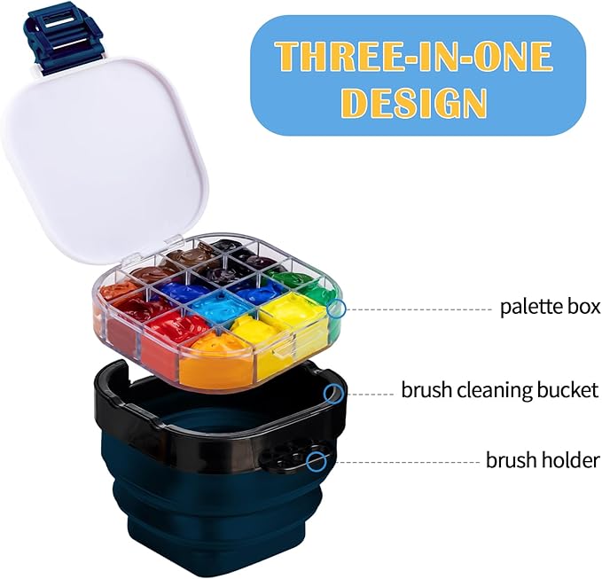 Falling in Art Paint Palette, Airtight 16 Wells Storage Palette Box with Lid and Folding Paint Brush Basin for Watercolor, Gouache and Acrylic Painting (Blue)