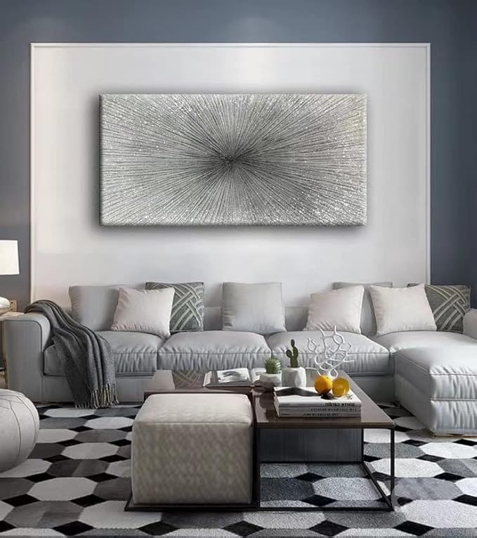 YaSheng Art - 24x48 Inch Abstract Art Oil Paintings on Canvas Thick silver Abstract Artwork Modern Home Decor Canvas Wall Art 24x48inch