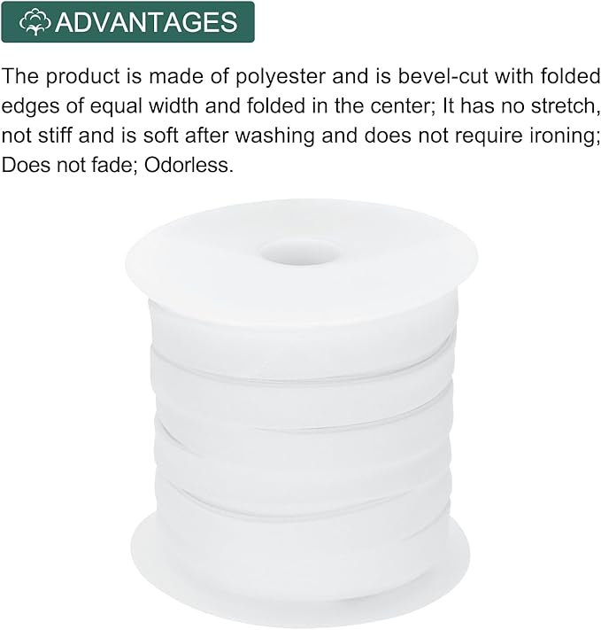 MECCANIXITY 1/2 Inch Double Fold Bias Tape Polyester Continuous Bulk Bias Tape for Sewing,Seaming Quilting Hemming Binding Crafts (White 25 Yards)