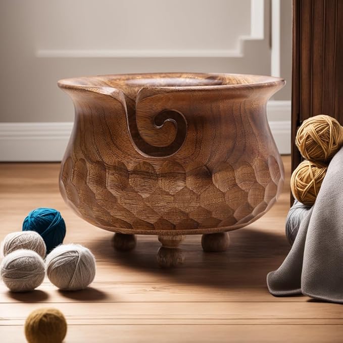 Wooden Large Yarn Bowl (7x4) – Handmade Pot-Shaped Yarn Holder for Crocheting & Knitting – Crochet Bowl for Yarn Ball Storage – Christmas Gift for Knitters & Crafters