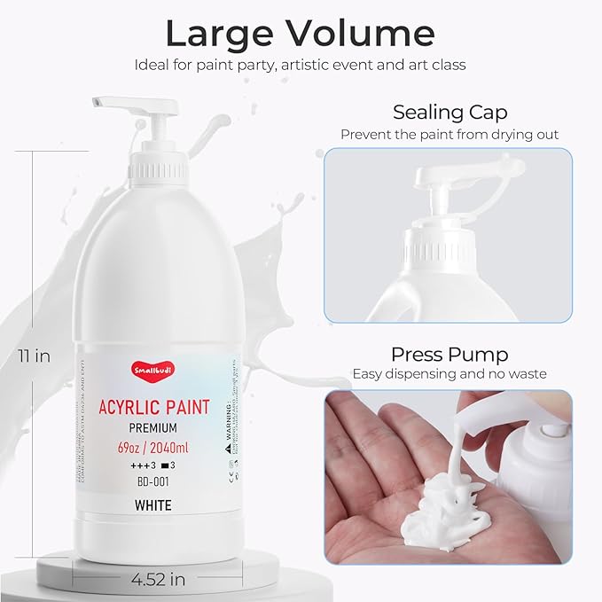 2 Pack White Acrylic Paint Large Bottle (69oz /2040ml) Rich Pigment White Paint for Multi Surface Canvas Wood Ceramic Leather Fabric Rock Craft, Non Toxic for Kid & Adult, with Pump & Sealing Cap