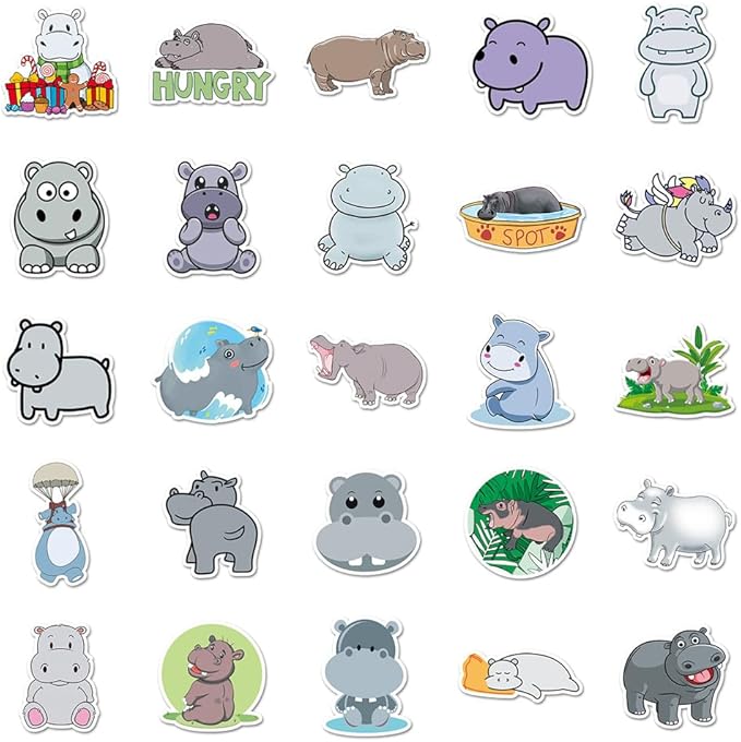 Cartoon Hippo Stickers for Teens Boy Girls Kids|50 Pcs|Cute Waterproof Vinyl Stickers for Laptop Computer Phone Tablet Luggage Bike Water Bottle,Lovely Animals Stickers Decals Pack(Hippopotamus)