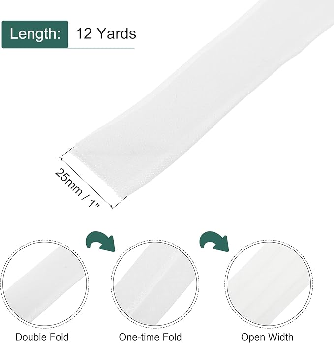 MECCANIXITY 1 Inch Double Fold Bias Tape Continuous Bulk Cotton Bias Tape for Sewing Seaming Quilting Hemming Binding Crafts (White 12 Yards)