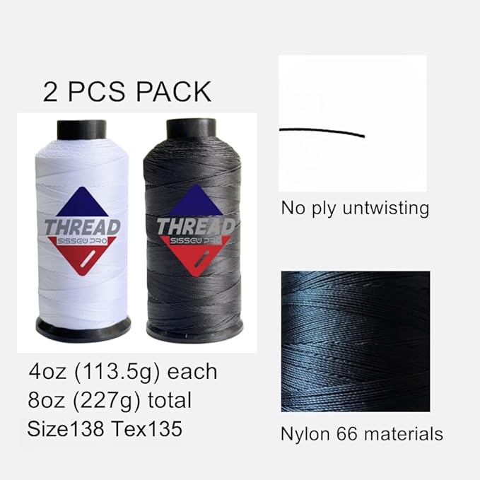 Sissewpro Bonded Nylon Thread 138 Upholstery Thread Heavy Duty for Sewing Machine Strong Black Threads for Leather Crafts Furniture Cusion,Boats Car Cover Seats,Canvas,Tex135, 4oz 750yds (2, BK&WH)
