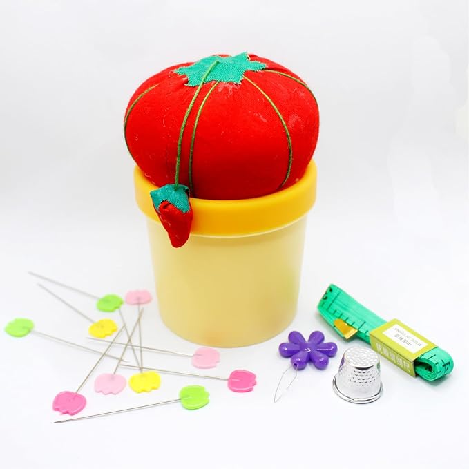 Tomatoes Pin Cushion Sewing Tool Set with Magnetic Storage, Including 50 Cute Flowers Needles, Threader, Thimble ＆Tape Measure, Pin Holder for Sewing DesksApplique & Patchwork Crafter