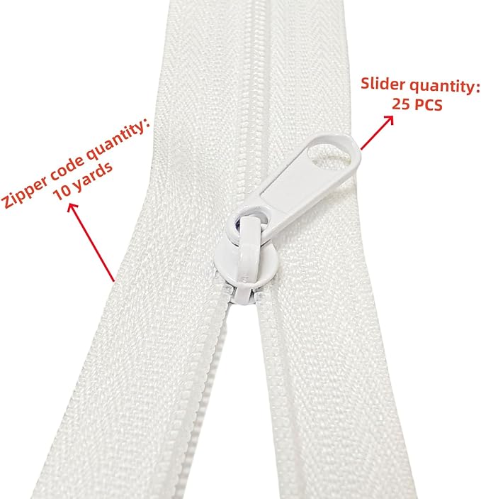 MebuZip #3 Nylon Coil Zippers by The Yard Bulk Zipper Roll Zipper Tape 10 Yards with 25pcs Pulls for Sewing Tailor DIY Craft Bags Pillows (White 10Yards)