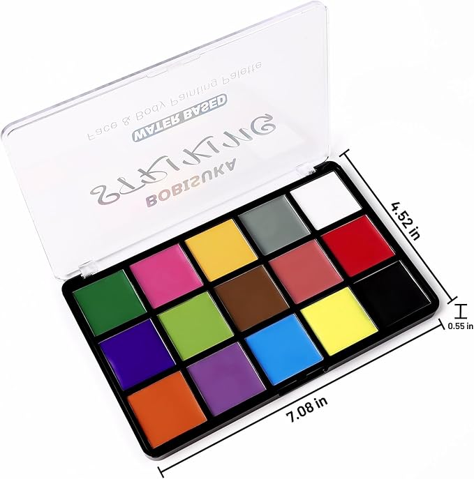 BOBISUKA Face Body Paint, 15 Color Professional Face Painting Palette for Art Theater Halloween Party Cosplay Clown Sfx Makeup for Women Adults, Non-Toxic Washable