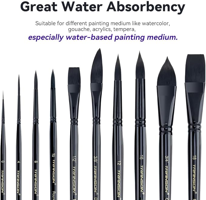 Transon 10pcs Natural Watercolor Paint Brush Set Professional for Watercolor Acrylic Ink Gouache Tempera