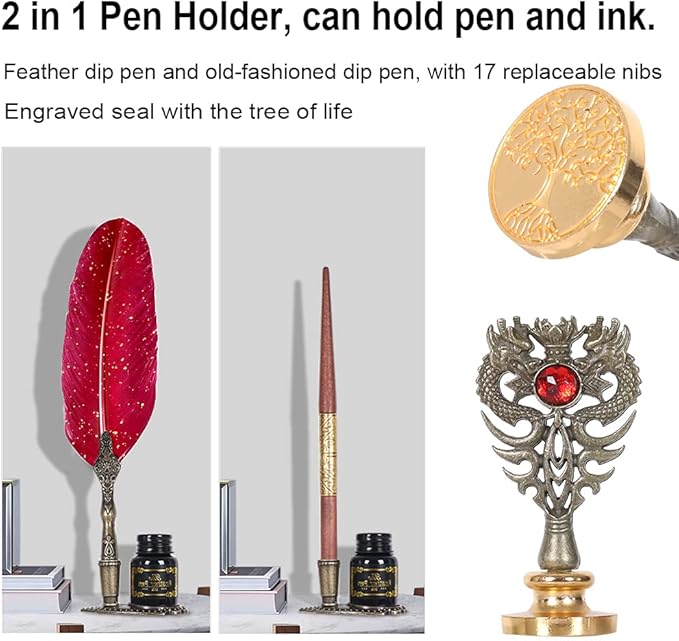 Quill Pen and Ink Set,Feather Pen Ink Set Includes Quill Pen and wooden dip pen,Ink,17 Replacement Nib,Pen Base,3 Wax Seal Sticks,Stamp,White Wax, Spoon,Envelope Letter Paper,envelope tool(Red)