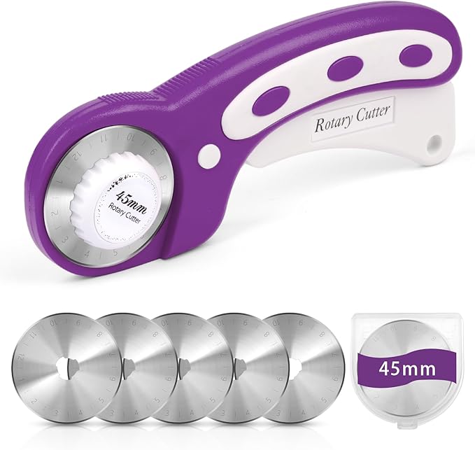 45mm Rotary Cutter for Fabric, Fabric Cutters with 5pcs Extra Rotary Blades, Roller Cutter Set for Sewing, Quilting, Leather & Craft Projects (Purple)