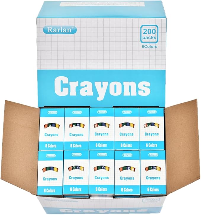Rarlan Crayons Bulk, 6 Colors, 200 Boxes, 1200 Count Crayons