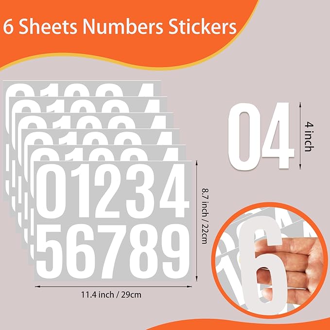 6 Sheets 4 Inch Mailbox Numbers Stickers Vinyl Decals,Self Adhesive Number Waterproof Large House Address Numbers for Outside Mailbox,Sign,Window,DIY Crafts Making,Door,Car,Home,Business(White)