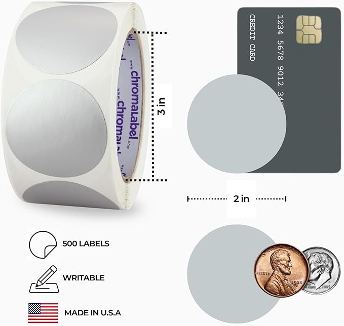 ChromaLabel 2 Inch Round Label Permanent Color Code Dot Stickers, 500 Labels per Roll, Metallic Silver