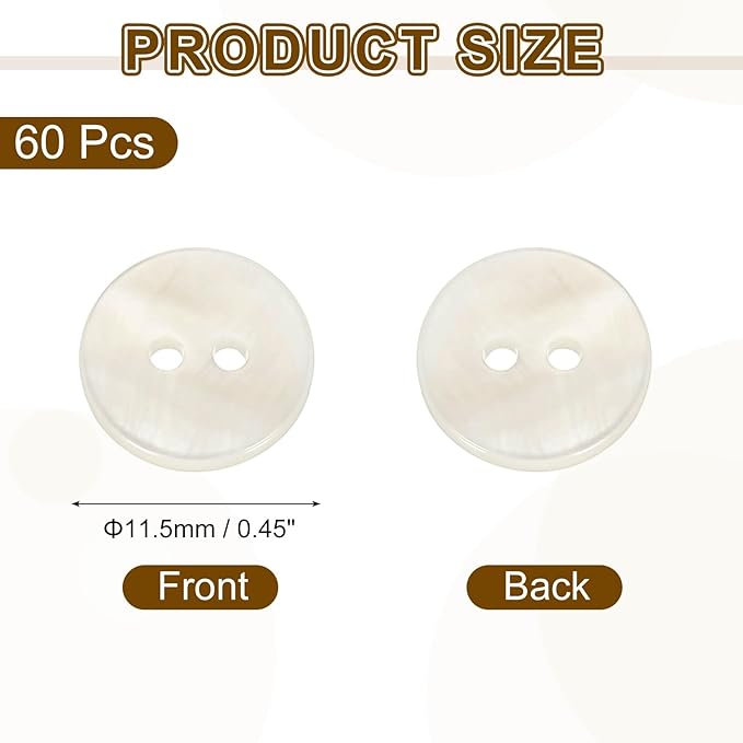 uxcell 60Pcs Natural Shell Buttons, 11.5mm 2-Hole Round Shell Craft Sewing Button, Decorative Accessories for Coats, Shirts, Clothing DIY Projects, White