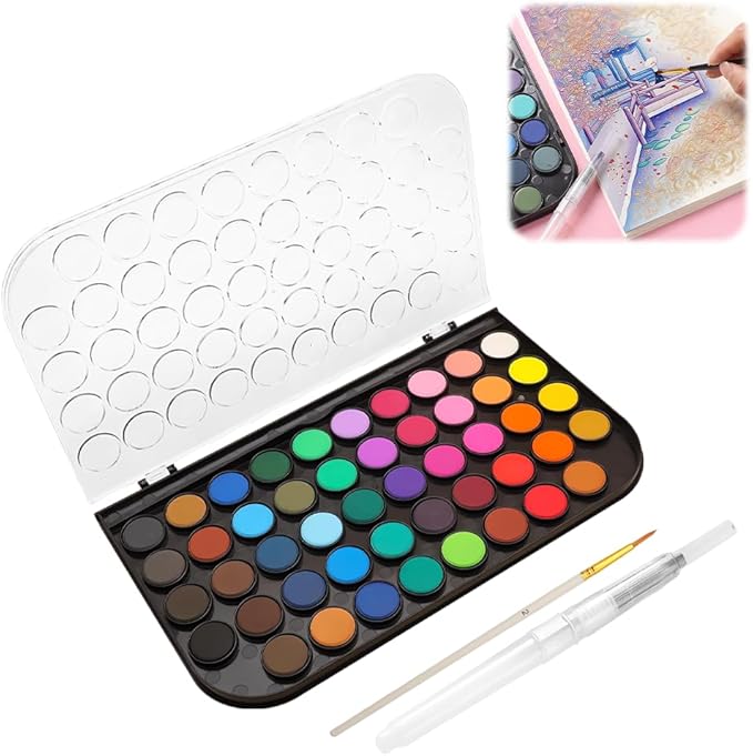 48 Colors Watercolor Paint Set with Palette & 2 Brushes – Non-Toxic, Vibrant Watercolor Paints for Beginners, Artists, Kids – Portable Art Supplies for Watercolor Drawing & Painting