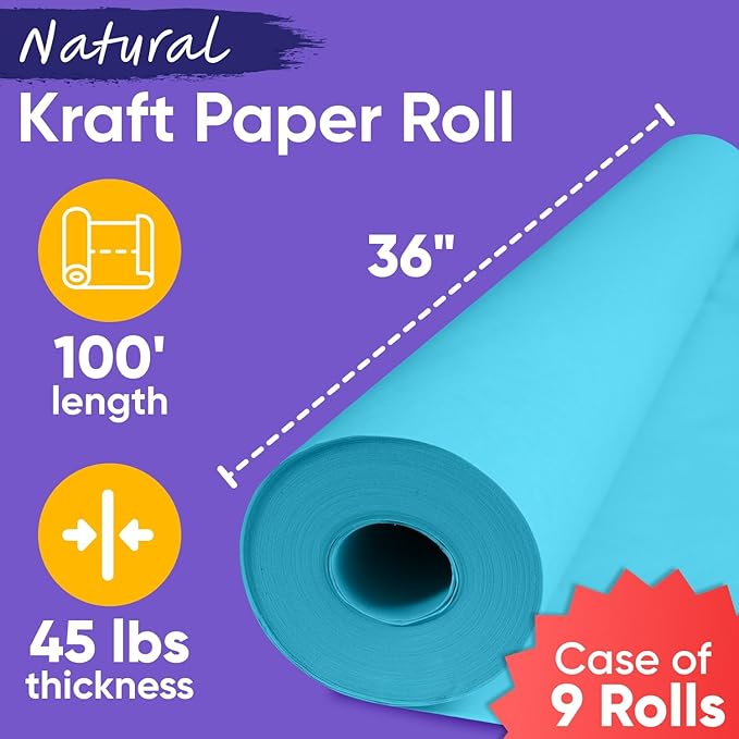 36" x 1200" (100 ft) Light Blue Kraft Paper (Case of 9 Rolls), 45 lbs Thickness, Kraft Paper for School, Art Colored Paper, Gift Wrapping Paper, Packing Paper for Moving