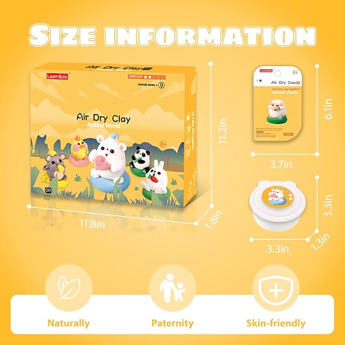 Air Dry Clay Kits: 9 DIY Animal Clay Kit for Kids 3+, Child-Safe Modeling with Guides, Creative Birthday & Chistmas Gifts for Boy & Girl