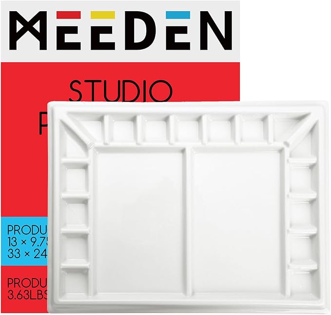 MEEDEN Ceramic Watercolor Palette：Large Porcelain Artist Paint Palette Rectangle 13 x 9.8 inch - Art Mixing Tray for Gouache, Watercolor, Acrylic Painting - Without a Lid