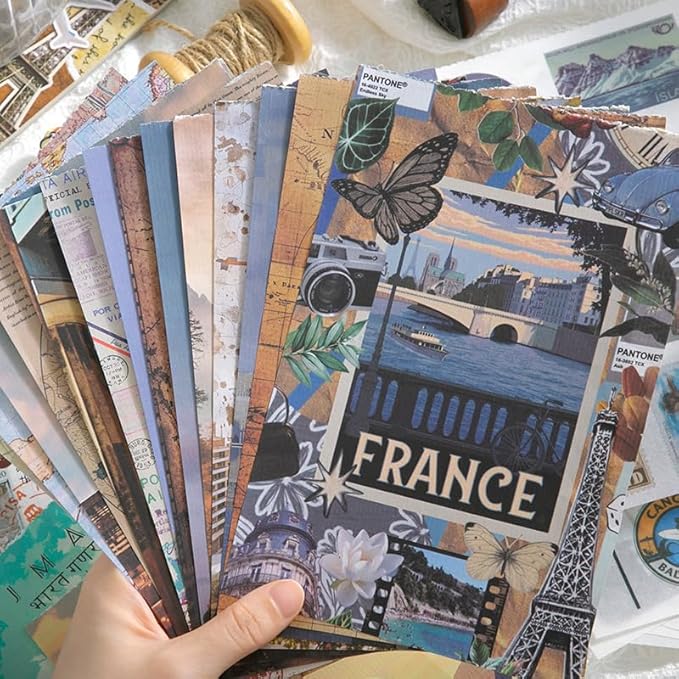 Vintage Aesthetic Washi Stickers and Papers for Scrapbooking, 50 Sheets Ephemera Book for Art Journaling with Retro Global Travel Theme Stickers and Decoupage Papers for Junk Journal