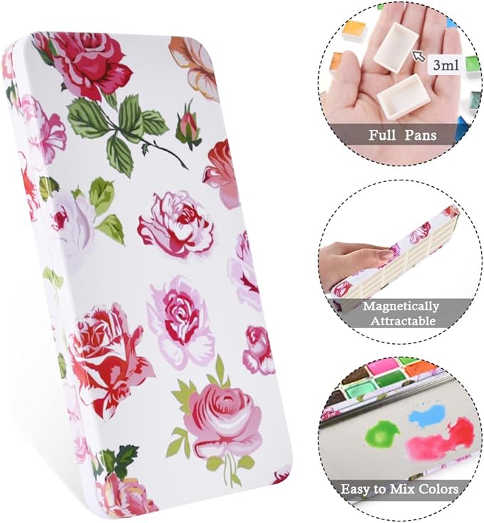 Portable Watercolor Paint Palette with Tins, Lightweight Empty Full Pans with Magnetic Squares, Metal Paint Tray Palettes for Travel, Acrylics Painting and Art, 20Full Pans,White Rose