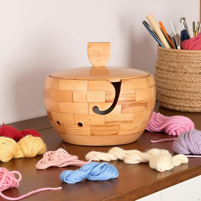 Wooden Large Yarn Bowl with Lid (7.5x4.5) – Yarn Holder with Cover for Crocheting & Knitting – Crochet Bowl with Handle & Hooks – Christmas Gift for Crafters