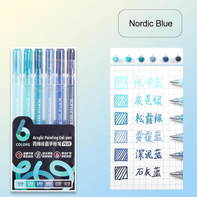 Acrylic Gel Pens for Coloring Books, Quick Dry 6 Pcs 1.0mm Fine Point Gel Marker Pen for Drawing, Journaling Art, Nordic Blue