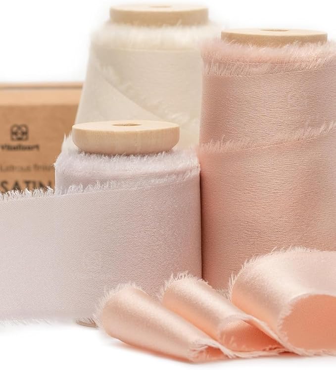 Vitalizart Silk Satin Ribbon 1-1/2 inch x 15 Yard with Wooden Spool Pink & White Handmade Frayed Ribbons for Gift Wrapping Baby Shower Wedding Bridal Bouquets Holiday Decor