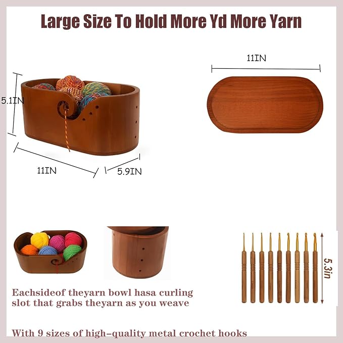 Large Oval Wooden Yarn Bowl Set – Portable Crochet Bowl with 9 Knitting Hooks + 5 Hooks + Yarn Ball, Complete Holiday Gift for Beginners & Enthusiasts Mother's Day gift