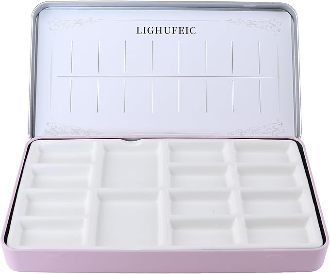 Travel Watercolor Palette,Portable Ceramic Palette with 14 Well,Metal Paint Box with Porcelain Palette(Pink Box)