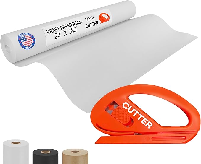 White Kraft Paper Roll 24" x 2160" (180 feet) with Cutter - USA-Made Quality Paper 50lb Thickness for Wrapping, Packing, Moving, Shipping, & Crafts/Arts - Natural Kraft Material by IDL Packaging