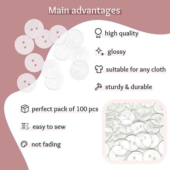 100 Pcs Clear Sewing Buttons 0.60 inch (15 mm) Transparent Buttons for Sewing 2 Hole Buttons for Crafts Sewing Buttons 24L Round Bulk Plastic Buttons for Dress Pants Shirt Skirt Blouse Craft DIY