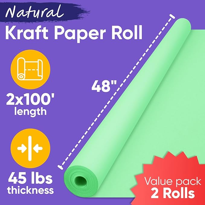 48" x 1200" (100 ft) Light Green Kraft Paper Roll (Value Pack of 2), 45 lbs Thickness, Made in USA Colored Kraft Paper for School, Bulletin Board - Odorless, Non-Toxic, Safe for Kids