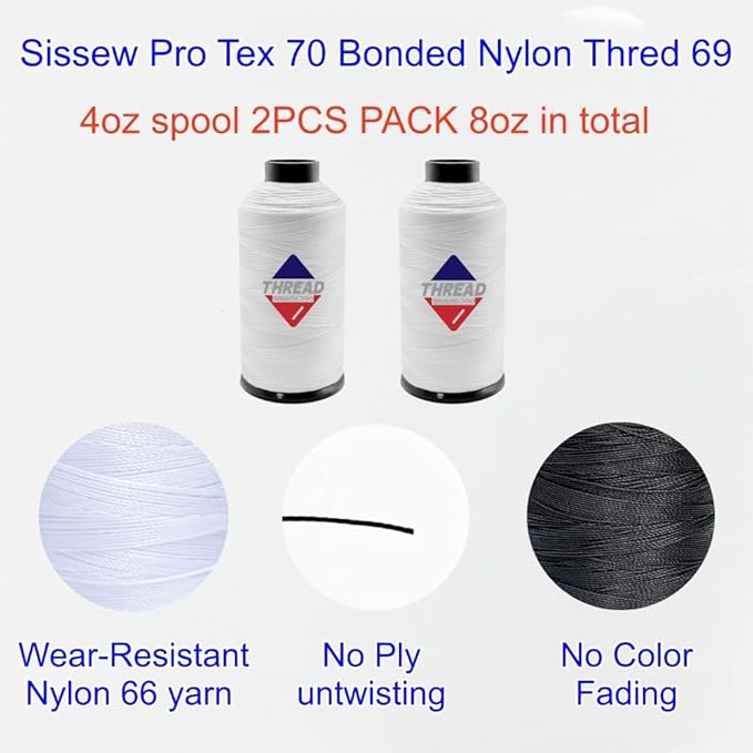 Sissewpro Tex70 Bonded Nylon Thread 69 Upholstery Thread Heavy Duty Threads for Sewing Machine Strong Black Threads for Leather, Beading, Hair Weaving, Denim, Canvas,Webbings, 4oz 1500yds（2, White）