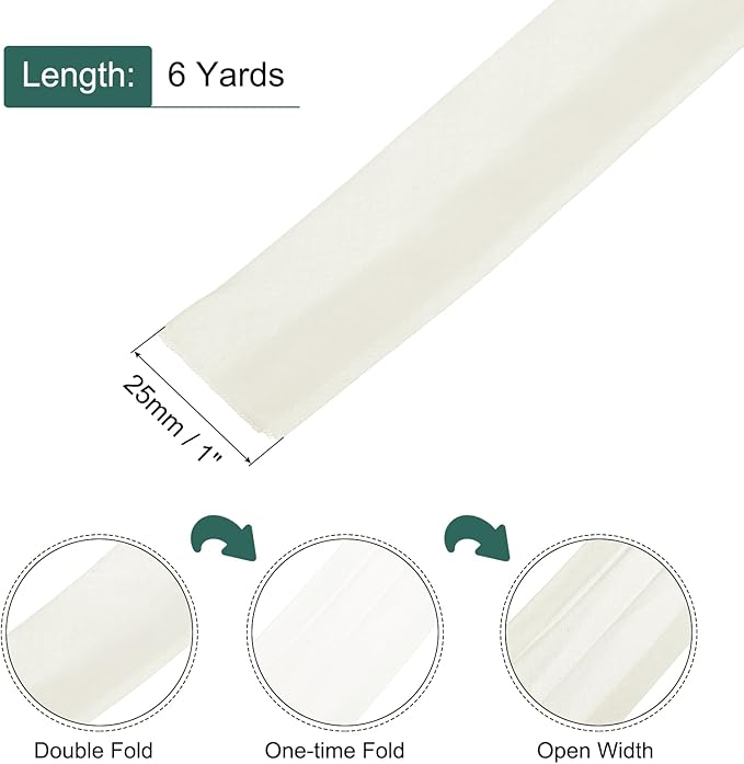 MECCANIXITY 1 Inch Double Fold Bias Tape Continuous Bulk Cotton Bias Tape for Sewing Seaming Quilting Hemming Binding Crafts (Light White 6 Yards)