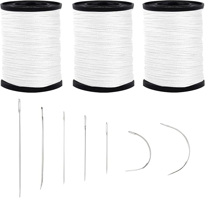 Topus Extra Strong Upholstery Repair Sewing Thread Kit and Heavy Duty Household Hand Needles, Including 7 Styles of Leather Canvas Sewing Needles and 3 Rolls Nylon Thread (70 Yard of Each Roll), White