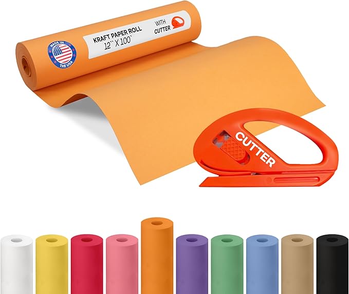 Orange Kraft Paper Roll 12" x 1200" (100 feet) with Cutter - USA-Made Wrapping Paper for Packing, Moving, Shipping & Crafts/Arts - 100% Recyclable Natural Craft Material by IDL Packaging