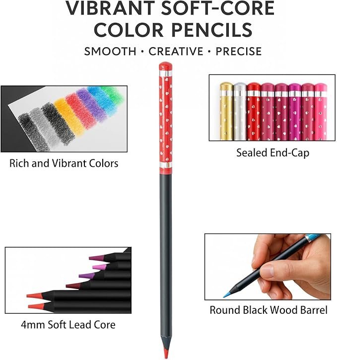 Black Wood Professional Colored Pencils Set, Oil-Based, 4mm Soft Core for Artists, Drawing, Sketching, Shading, Blending, Layering, Adult Coloring Books, Pre-Sharpened in Metal Tin Box (72 Colors)