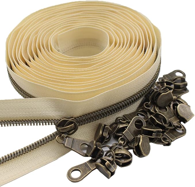 MebuZip #5 Antique Brass Metallic Nylon Coil Zippers by The Yard Bulk Coil Zipper Roll 10 Yards with 25pcs Pulls for DIY Sewing Craft Bags (Beige)