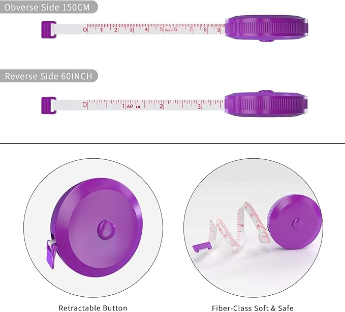 DiCUNO 60-Inch 1.5 Meter Soft and Retractable Tape Body Tailor Sewing Craft Cloth Dieting Measuring Tape (3 Pcs of Purple)