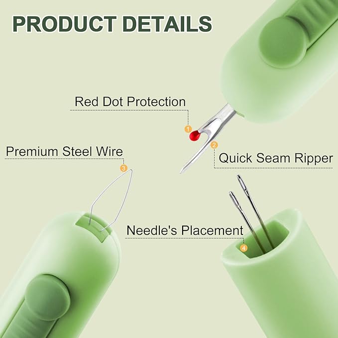 Automatic Needle Threaders Seam Ripper, Upgraded 3 in 1 Sewing Needle Threader Tool, Stretchable Quick Seam Rippers with Needle Storage for Hand Quilling, Embroidery Stitch Removal(Green)