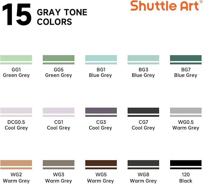 Shuttle Art 15 Colors Grey Tones Dual Tip Art Marker, Alcohol Based Marker Pens Double Ended with Fine and Chisel Point Tips Perfect for Drawing,Shading,Sketching,Designing,Outlining,Illustrating